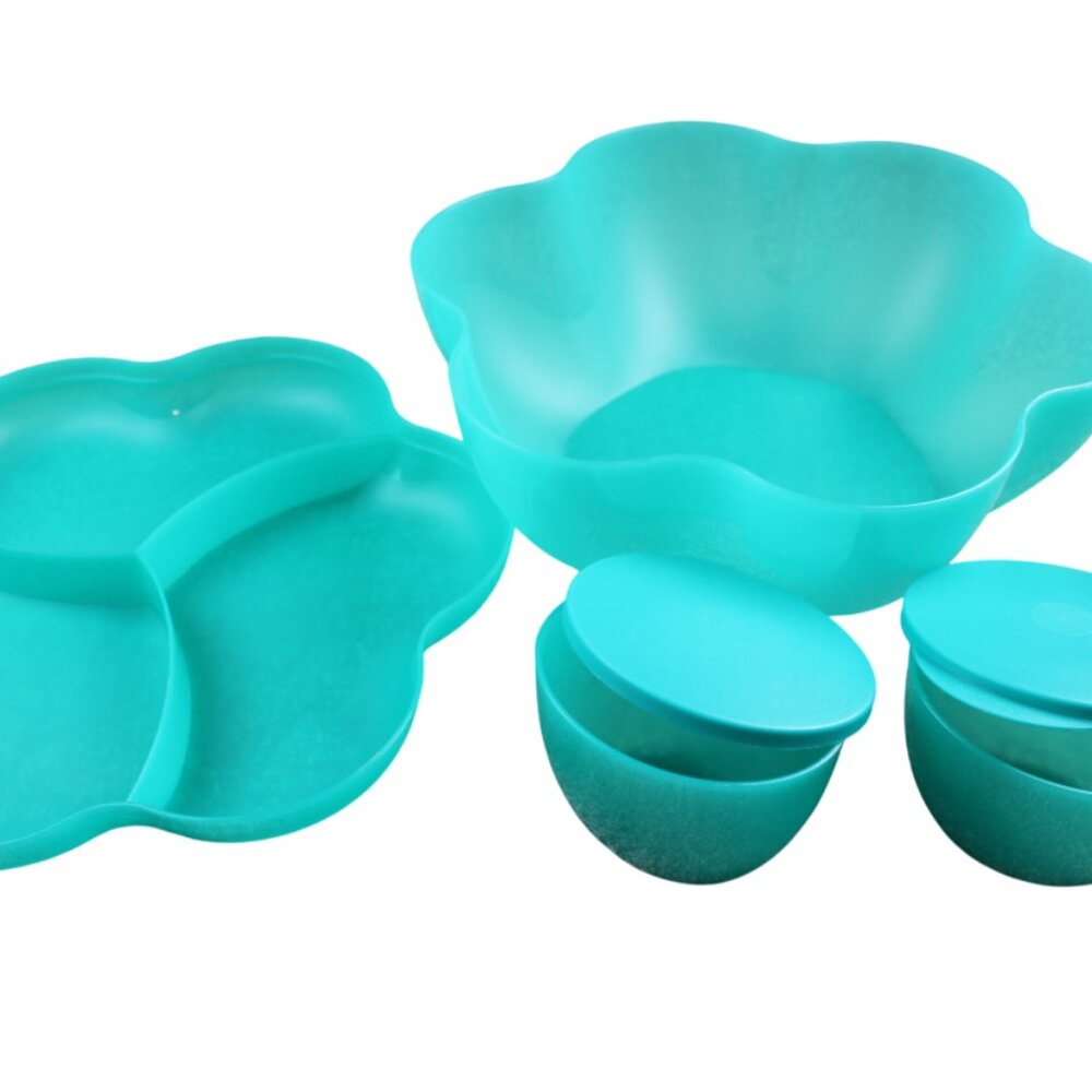 Tupperware Chip n Dip Bowl Appetizer Tray Party Set Teal Green NEW NOS Flaws